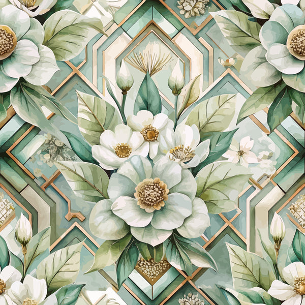 sage green, cream white, gold accents, copper trim, white flowers, geometric shapes, art deco pattern, botanical motifs, floral arrangement,, fabric panel, elegant design, vintage style, sophisticated palette, layered petals, leaf patterns, diamond shapes, seamless repeat, soft pastels, nature inspired