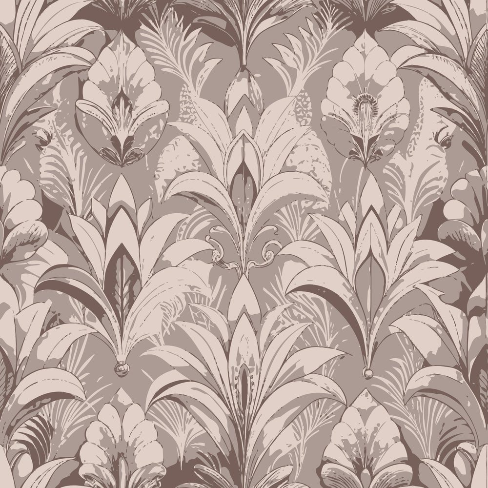 taupe, beige, mauve, art deco, floral pattern, stylized flowers, botanical motifs, vintage design, ornate leaves, damask style,, fabric panel, neutral tones, geometric florals, repeating pattern, sophisticated design, decorative elements, textile art, muted colors, elegant motifs
