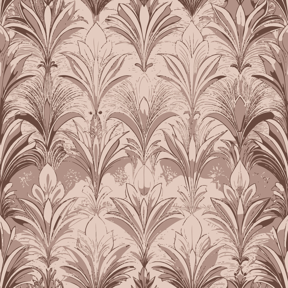mauve, dusty rose, taupe, sepia tones, art deco, feather motif, plume pattern, botanical design, elegant curves, vintage style, repeating pattern, ornate flourishes, decorative foliage,, fabric panel, sophisticated palette, flowing lines, luxurious texture, neutral colors, stylized leaves