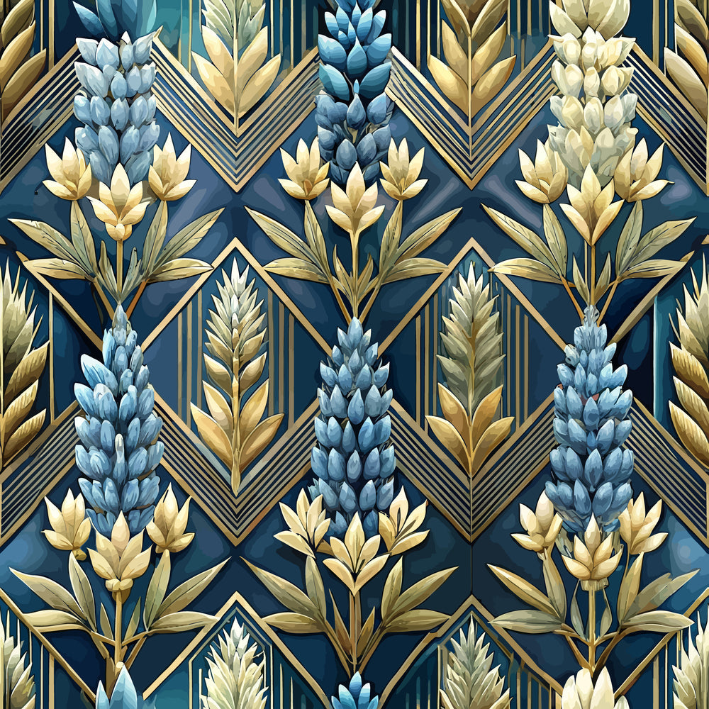 art deco, geometric pattern, navy blue, gold, cream, blue florals, stylized flowers, diamond shapes, chevron lines, botanical motif, metallic accents, vintage style, repeating pattern,, fabric panel, luxurious design, 1920s inspired, elegant florals, sophisticated palette, decorative leaves