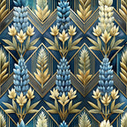 art deco, geometric pattern, navy blue, gold, cream, blue florals, stylized flowers, diamond shapes, chevron lines, botanical motif, metallic accents, vintage style, repeating pattern,, fabric panel, luxurious design, 1920s inspired, elegant florals, sophisticated palette, decorative leaves
