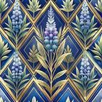 navy blue, gold, art deco, geometric pattern, lavender flowers, tropical leaves, diamond shapes, metallic accents, botanical motif,, fabric panel, floral design, purple blooms, green foliage, luxurious, vintage style, repeating pattern, elegant florals, jewel tones
