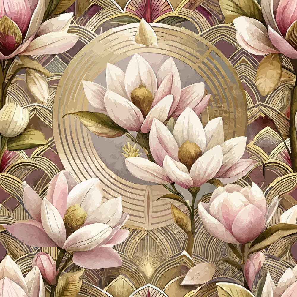 art deco, floral pattern, magnolia flowers, lotus blossoms, pink petals, cream petals, golden yellow centers, olive green leaves, geometric circles, concentric rings, vintage style, botanical design,, fabric panel, muted earth tones, dusty rose, beige background, repeating motif, decorative florals