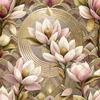 art deco, floral pattern, magnolia flowers, lotus blossoms, pink petals, cream petals, golden yellow centers, olive green leaves, geometric circles, concentric rings, vintage style, botanical design,, fabric panel, muted earth tones, dusty rose, beige background, repeating motif, decorative florals