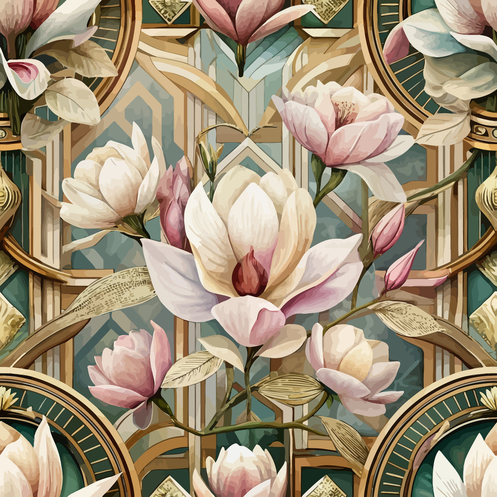 art deco, floral pattern, magnolia flowers, pink blossoms, cream petals, sage green, geometric arches, gold accents, botanical design, vintage style,, fabric panel, elegant florals, luxury pattern, soft pastels, ornate details, sophisticated motifs, decorative circles, nature inspired, premium fabric