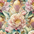 art deco, floral pattern, peonies, pink flowers, gold accents, geometric elements, vintage style, botanical design,, fabric panel, dusty rose, sage green, cream tones, purple accents, layered petals, ornate details, decorative motifs, soft pastels, elegant florals, repeating pattern