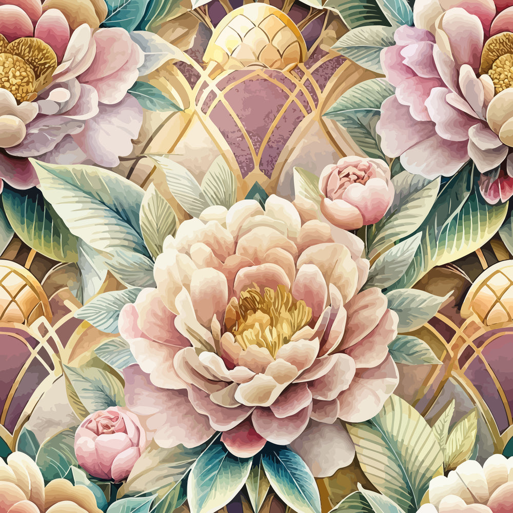 art deco, floral pattern, peonies, pink flowers, gold accents, geometric elements, vintage style, botanical design,, fabric panel, dusty rose, sage green, cream tones, purple accents, layered petals, ornate details, decorative motifs, soft pastels, elegant florals, repeating pattern