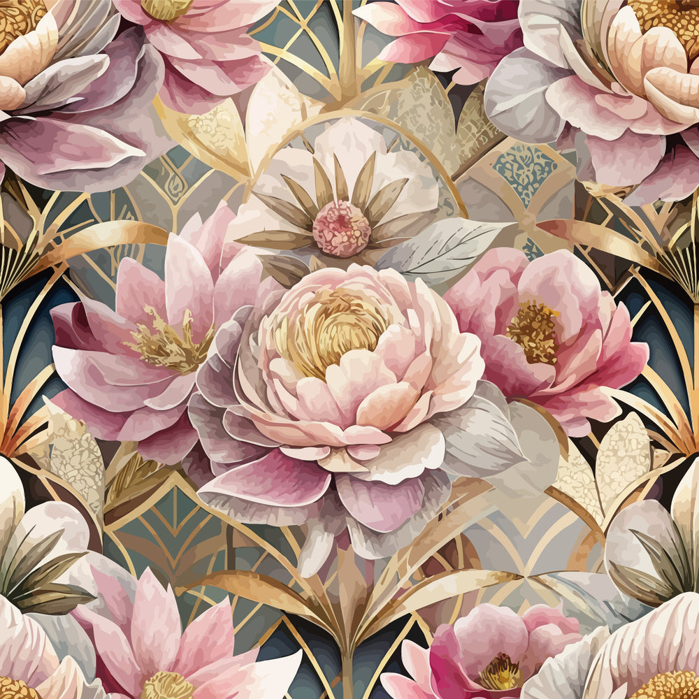 art deco, floral pattern, pink peonies, blush flowers, gold accents, geometric design, botanical motif, vintage style,, fabric panel, dusty rose, cream petals, ornate details, luxurious florals, decorative pattern, soft pastels, elegant design, repeating motif, crafting fabric, sewing material