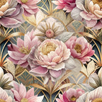 art deco, floral pattern, pink peonies, blush flowers, gold accents, geometric design, botanical motif, vintage style,, fabric panel, dusty rose, cream petals, ornate details, luxurious florals, decorative pattern, soft pastels, elegant design, repeating motif, crafting fabric, sewing material