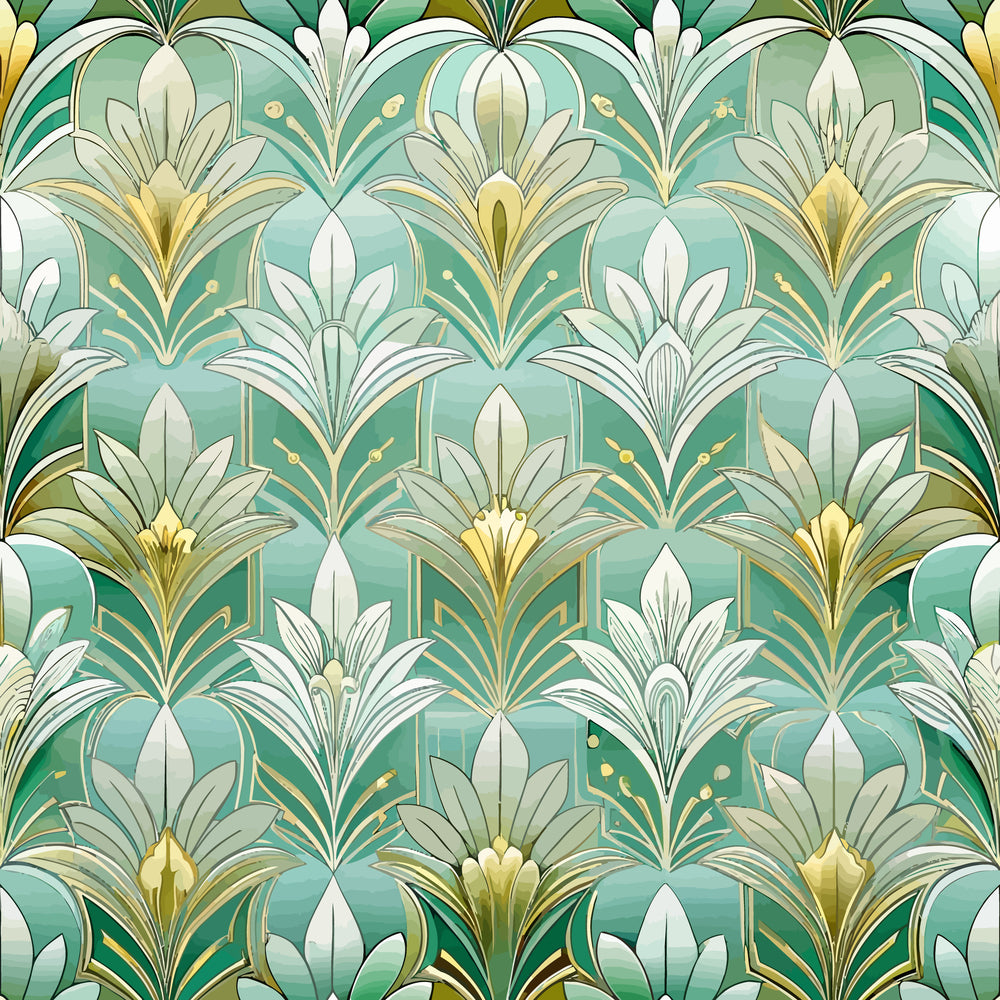 art deco, floral pattern, sage green, mint green, gold accents, white flowers, geometric florals, stylized blooms, repeating motifs,, fabric panel, vintage inspired, elegant design, fan shapes, ornamental leaves, sophisticated palette, decorative motifs, botanical elements, seamless pattern, craft fabric