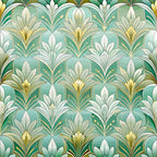 art deco, floral pattern, sage green, mint green, gold accents, white flowers, geometric florals, stylized blooms, repeating motifs,, fabric panel, vintage inspired, elegant design, fan shapes, ornamental leaves, sophisticated palette, decorative motifs, botanical elements, seamless pattern, craft fabric