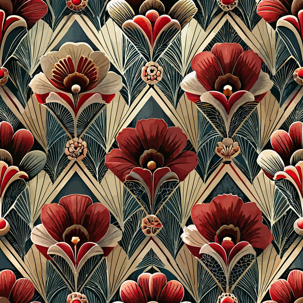 art deco, floral pattern, burgundy, cream, teal, geometric flowers, stylized blooms, fan motifs, vintage style,, fabric panel, repeating design, ornate florals, 1920s inspired, decorative motifs, rich colors, symmetrical pattern, elegant design