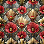 art deco, floral pattern, red poppies, coral flowers, gold accents, black background, fan motifs, geometric design, ornate leaves, vintage style,, fabric panel, decorative motifs, botanical elements, luxurious pattern, stylized flowers, metallic gold, crimson blooms, elegant design, retro aesthetic