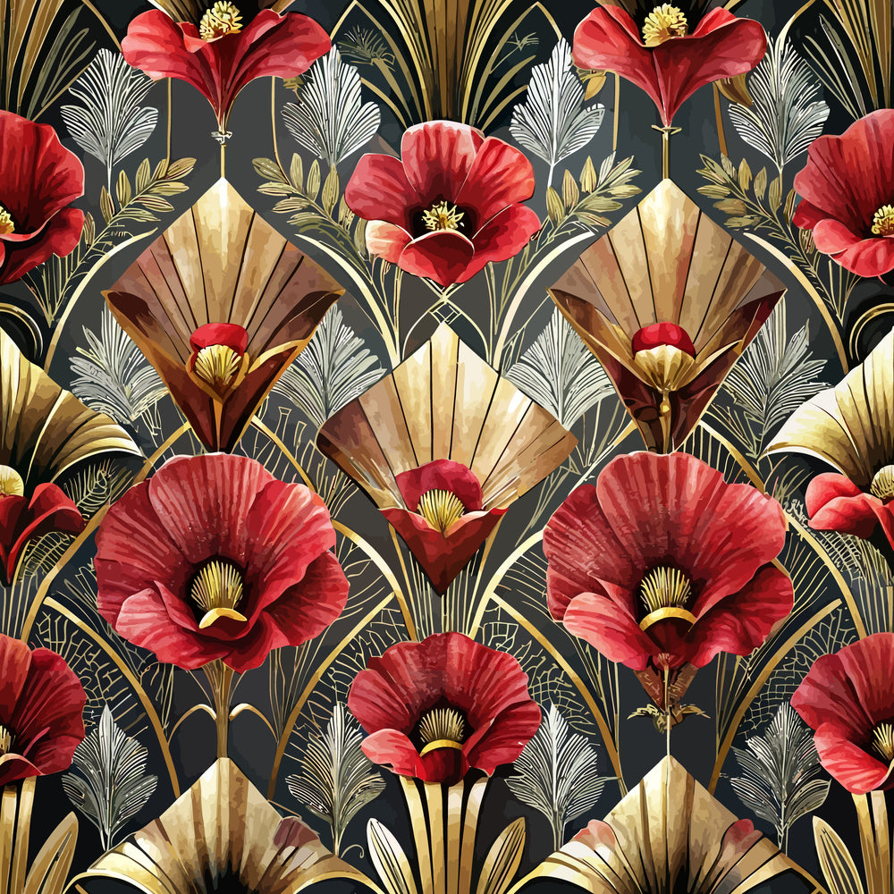 art deco, floral pattern, red poppies, coral flowers, gold accents, black background, fan motifs, geometric design, ornate leaves, vintage style,, fabric panel, decorative motifs, botanical elements, luxurious pattern, stylized flowers, metallic gold, crimson blooms, elegant design, retro aesthetic
