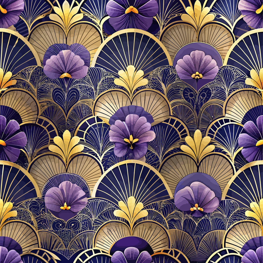 purple flowers, gold accents, art deco pattern, fan motifs,, fabric panel, geometric florals, navy blue, lavender blooms, ornate design, vintage style, repeating pattern, decorative fans, floral motifs, luxurious feel, intricate details, purple petals, golden elements, stylized flowers, elegant pattern