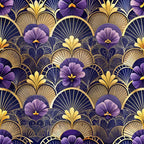 purple flowers, gold accents, art deco pattern, fan motifs,, fabric panel, geometric florals, navy blue, lavender blooms, ornate design, vintage style, repeating pattern, decorative fans, floral motifs, luxurious feel, intricate details, purple petals, golden elements, stylized flowers, elegant pattern