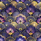 purple, gold, navy blue, art deco, floral pattern, fan shapes, geometric florals, vintage style,, fabric panel, luxurious, elegant design, radiating petals, ornate details, repeating motif, decorative flowers, metallic accents, sophisticated palette, stylized blooms
