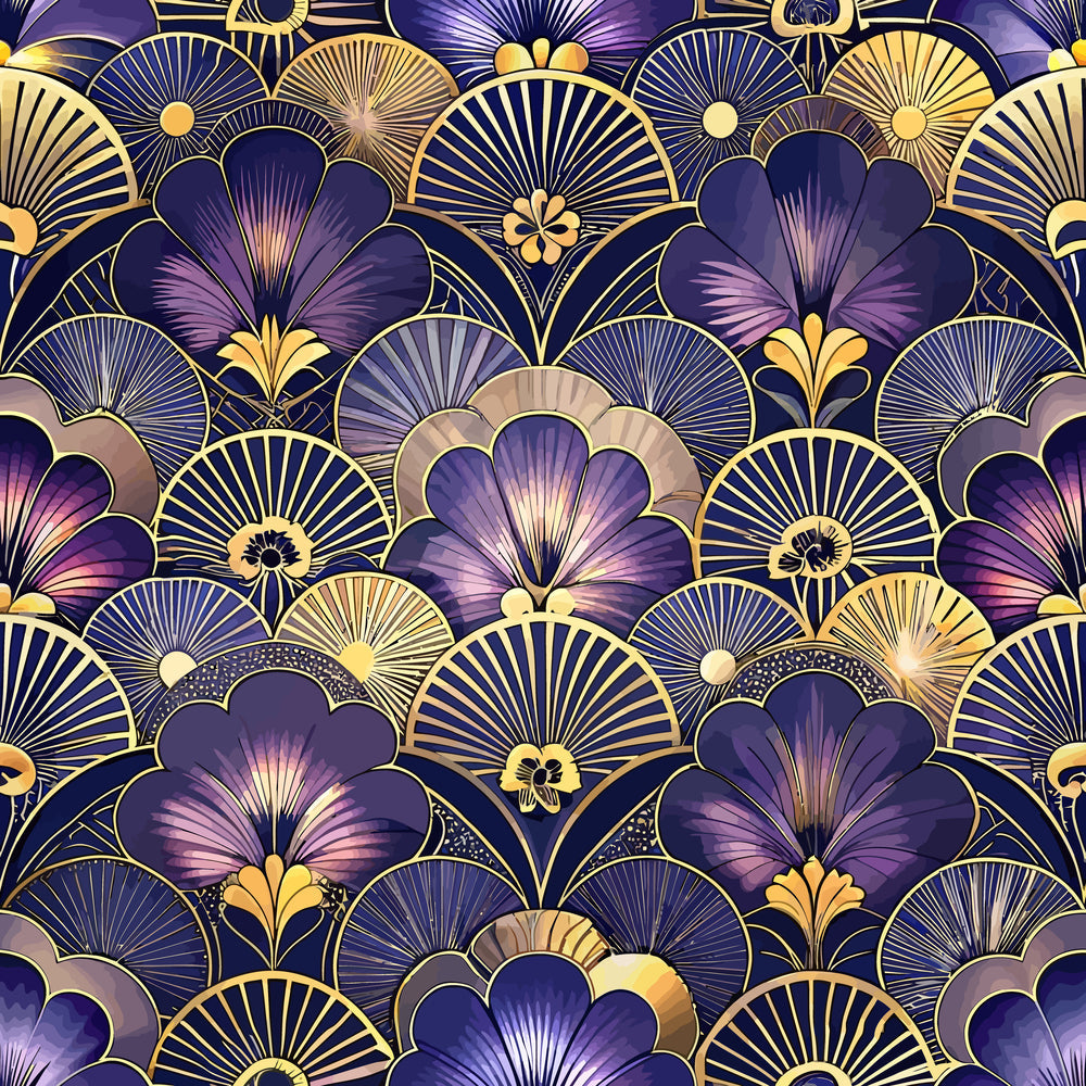 purple, gold, navy blue, art deco, floral pattern, fan shapes, geometric florals, vintage style,, fabric panel, luxurious, elegant design, radiating petals, ornate details, repeating motif, decorative flowers, metallic accents, sophisticated palette, stylized blooms