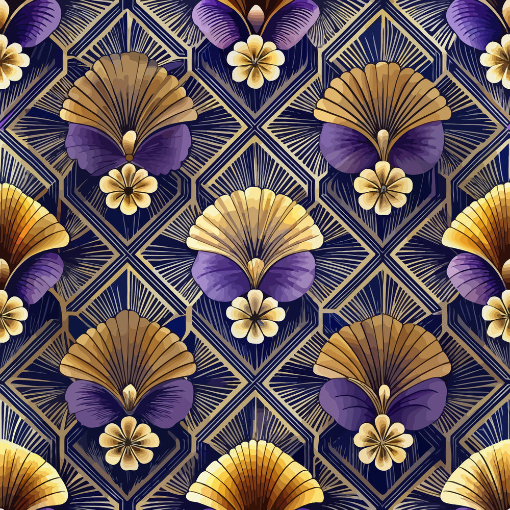art deco, geometric pattern, floral motifs, navy blue, deep purple, gold accents, cream flowers, fan shapes, diamond grid, luxury design, elegant florals, repeating pattern,, fabric panel, vintage style, ornate details, sophisticated palette, decorative leaves, stylized blooms, rich colors