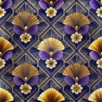 art deco, geometric pattern, floral motifs, navy blue, deep purple, gold accents, cream flowers, fan shapes, diamond grid, luxury design, elegant florals, repeating pattern,, fabric panel, vintage style, ornate details, sophisticated palette, decorative leaves, stylized blooms, rich colors