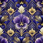 purple, navy blue, gold, cream, art deco, geometric florals, stylized flowers, fan motifs, diamond patterns,, fabric panel, ornate design, vintage inspired, symmetrical pattern, decorative elements, luxurious, elegant motifs, floral geometry, repeating pattern
