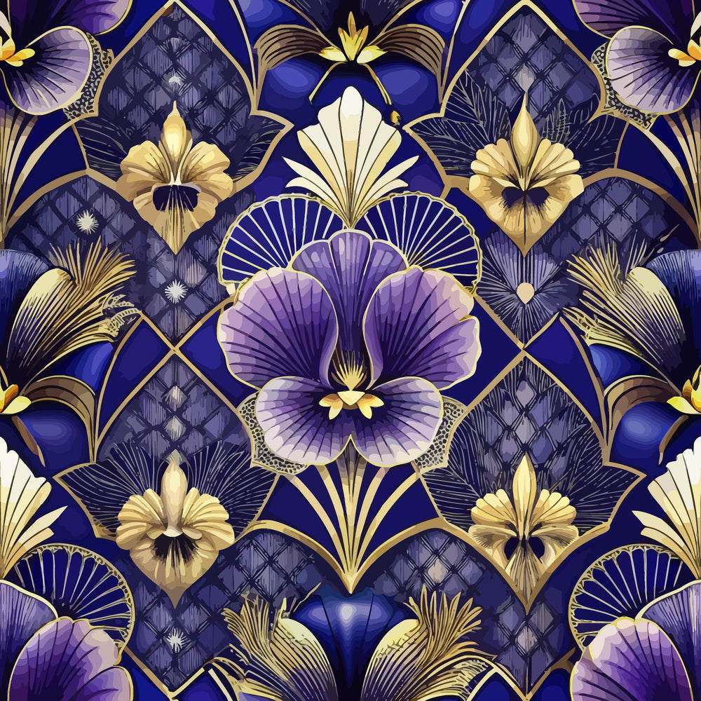 purple, navy blue, gold, cream, art deco, geometric florals, stylized flowers, fan motifs, diamond patterns,, fabric panel, ornate design, vintage inspired, symmetrical pattern, decorative elements, luxurious, elegant motifs, floral geometry, repeating pattern
