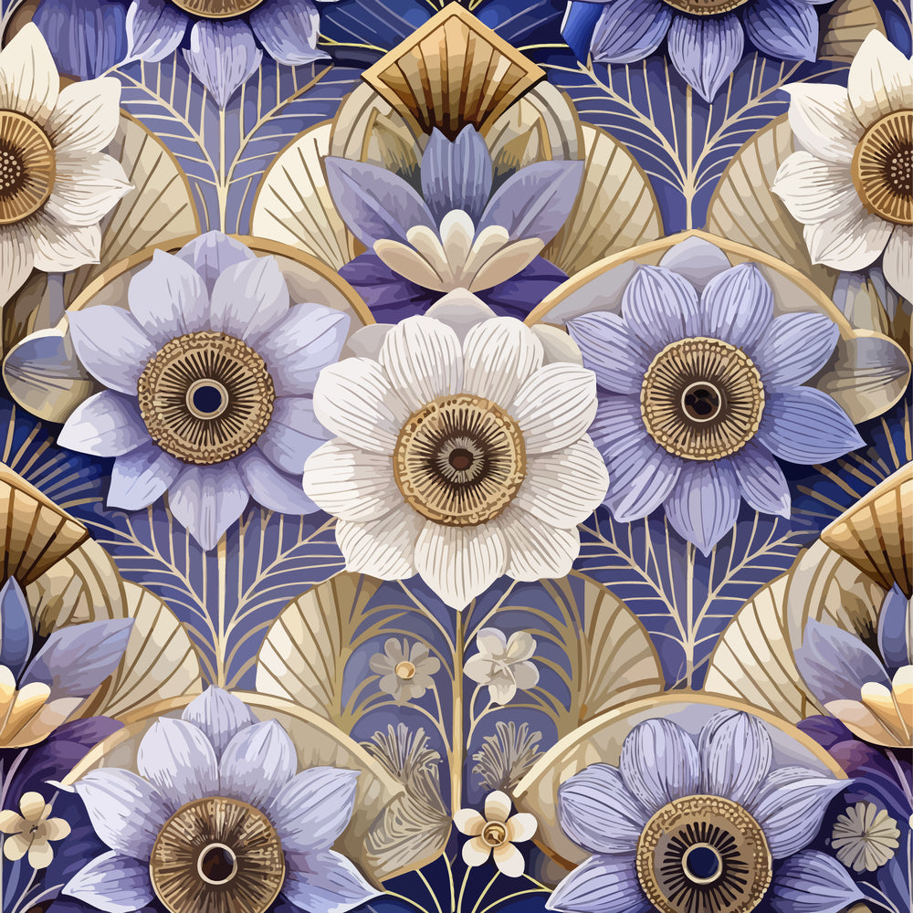 purple flowers, lavender petals, cream blooms, gold centers, art deco pattern, geometric florals, ornate design,, fabric panel, decorative motifs, stylized flowers, bronze accents, floral medallions, symmetrical design, vintage inspired, elegant pattern, textile design, crafting fabric