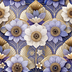 purple flowers, lavender petals, cream blooms, gold centers, art deco pattern, geometric florals, ornate design,, fabric panel, decorative motifs, stylized flowers, bronze accents, floral medallions, symmetrical design, vintage inspired, elegant pattern, textile design, crafting fabric