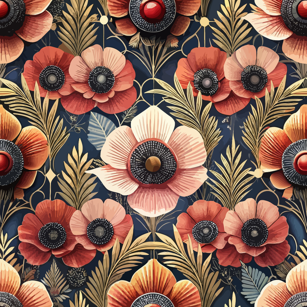 art deco florals, navy blue background, coral flowers, peach blossoms, golden foliage, geometric petals, vintage pattern, repeating motif,, fabric panel, stylized blooms, retro design, ornamental leaves, floral arrangement, decorative pattern, textile design, crafting material, sophisticated florals, peachy pink, metallic accents