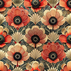 art deco, floral pattern, coral flowers, cream petals, black centers, dark background, geometric leaves, stylized blooms, vintage style,, fabric panel, retro florals, decorative motifs, warm tones, peach accents, botanical design, repeating pattern, crafting fabric, sewing material