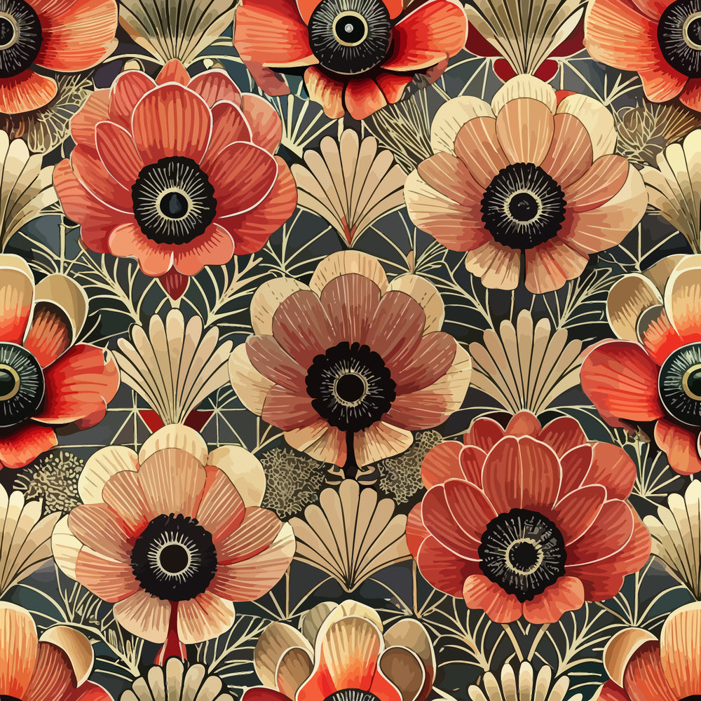 art deco, floral pattern, coral flowers, cream petals, black centers, dark background, geometric leaves, stylized blooms, vintage style,, fabric panel, retro florals, decorative motifs, warm tones, peach accents, botanical design, repeating pattern, crafting fabric, sewing material