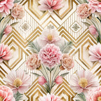 art deco, floral pattern, pink flowers, blush pink, coral pink, gold geometric, cream background, peonies, roses, palm fronds, tropical leaves, chevron design, diamond shapes, vintage glamour, elegant florals,, fabric panel, botanical motifs, geometric lines, luxury design