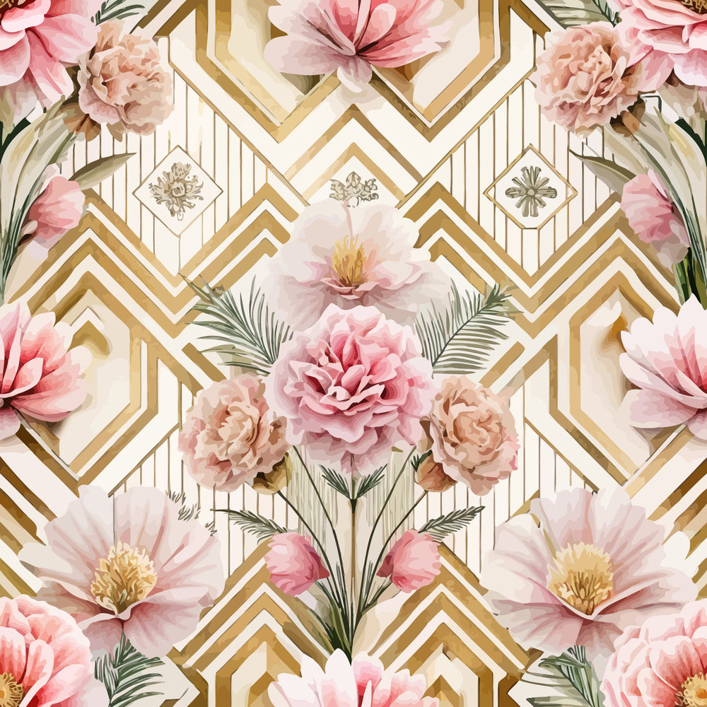 art deco, floral pattern, pink flowers, blush pink, coral pink, gold geometric, cream background, peonies, roses, palm fronds, tropical leaves, chevron design, diamond shapes, vintage glamour, elegant florals,, fabric panel, botanical motifs, geometric lines, luxury design