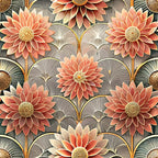 coral flowers, peach blooms, gold centers, art deco, geometric petals, stylized florals, fan motifs,, fabric panel, ornate design, layered petals, radial pattern, decorative flowers, sophisticated palette, repeating motif, dimensional blooms, elegant florals, vintage inspired, warm tones, intricate details