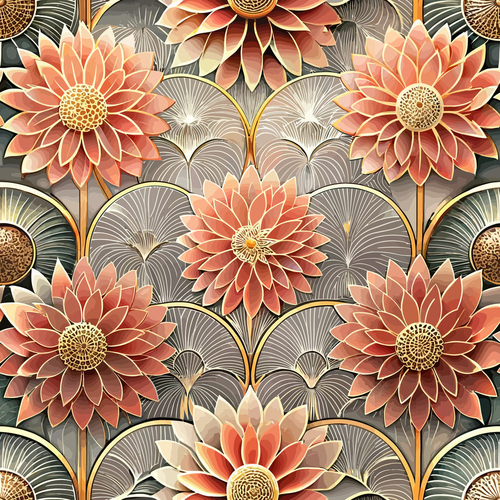 coral flowers, peach blooms, gold centers, art deco, geometric petals, stylized florals, fan motifs,, fabric panel, ornate design, layered petals, radial pattern, decorative flowers, sophisticated palette, repeating motif, dimensional blooms, elegant florals, vintage inspired, warm tones, intricate details