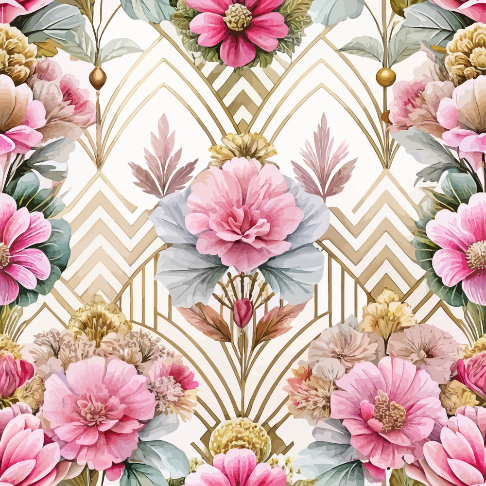 art deco, floral pattern, pink flowers, gold geometric, cream background, peonies, botanical design,, fabric panel, vintage style, rose pink, sage green, chevron lines, elegant florals, symmetrical design, watercolor flowers, dusty rose, ornate pattern, feminine motif