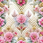 art deco, floral pattern, pink flowers, gold geometric, cream background, peonies, botanical design,, fabric panel, vintage style, rose pink, sage green, chevron lines, elegant florals, symmetrical design, watercolor flowers, dusty rose, ornate pattern, feminine motif