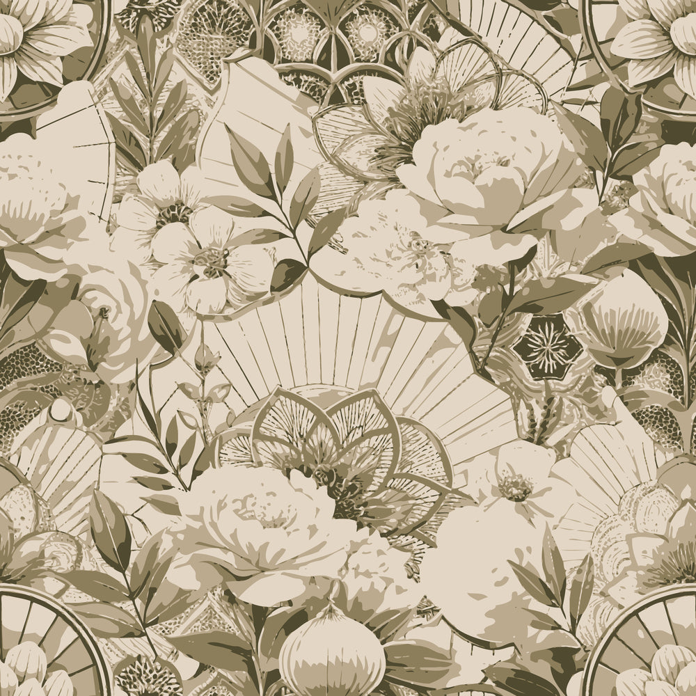 beige, taupe, olive green, cream, art deco, floral pattern, peonies, roses, botanical design, vintage style, monochromatic,, fabric panel, repeating pattern, stylized flowers, leaves, petals, neutral tones, retro florals, decorative motifs