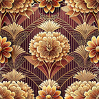 burgundy, gold, amber, bronze, art deco, floral pattern, geometric flowers, fan motifs, ornate blooms, decorative leaves, vintage style, elegant design,, fabric panel, rich tones, stylized florals, repeating pattern, luxurious feel, warm colors, intricate details