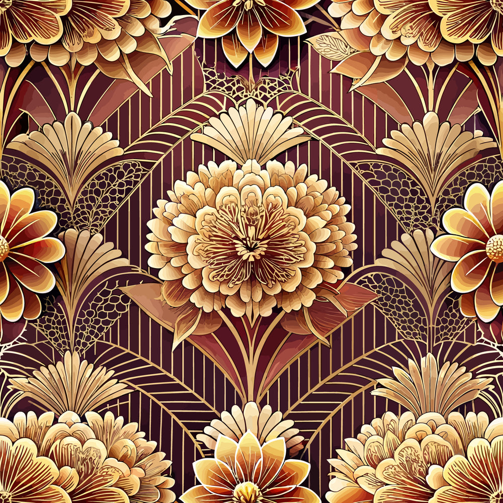 burgundy, gold, amber, bronze, art deco, floral pattern, geometric flowers, fan motifs, ornate blooms, decorative leaves, vintage style, elegant design,, fabric panel, rich tones, stylized florals, repeating pattern, luxurious feel, warm colors, intricate details