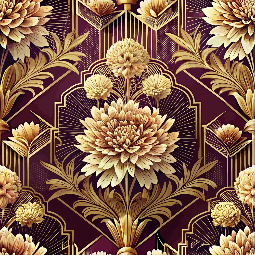 burgundy, gold, cream, art deco, floral pattern, geometric shapes, chrysanthemums, ornate flowers, luxury design, vintage style,, fabric panel, decorative motifs, elegant florals, rich colors, stylized blooms, sophisticated pattern, ornamental design, repeating pattern, premium fabric