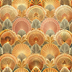 art deco, floral motifs, fan shapes, geometric patterns, warm tones, golden yellow, burnt orange, copper, cream, beige, radiating designs, shell patterns, overlapping circles, vintage style,, fabric panel, repetitive pattern, ornate details, sunburst motifs, decorative elements