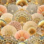 art deco, fan patterns, geometric florals, golden yellow, coral pink, cream, beige, bronze, radiating designs, sunburst motifs, scalloped edges, vintage style, ornate details, layered patterns,, fabric panel, warm tones, decorative fans, stylized flowers, 1920s inspired