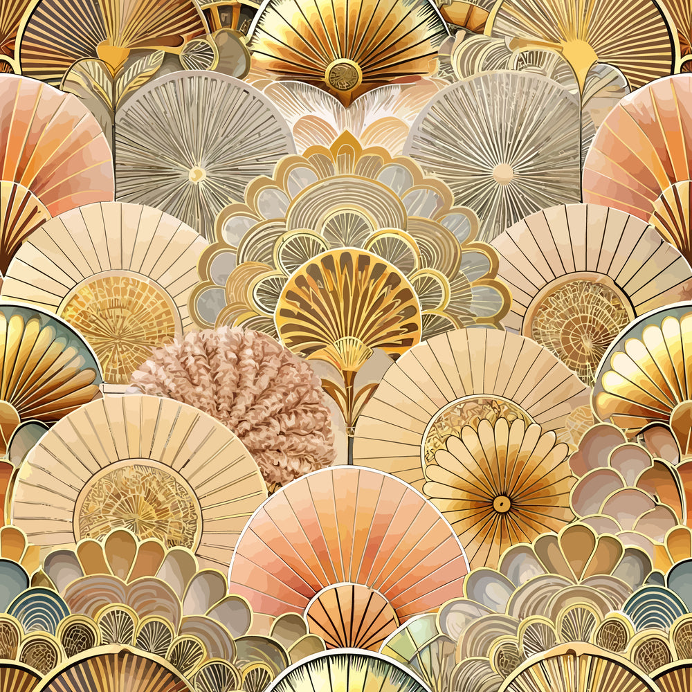 art deco, fan patterns, geometric florals, golden yellow, coral pink, cream, beige, bronze, radiating designs, sunburst motifs, scalloped edges, vintage style, ornate details, layered patterns,, fabric panel, warm tones, decorative fans, stylized flowers, 1920s inspired