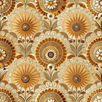 art deco, floral pattern, geometric flowers, brown, tan, cream, beige, orange, sunburst motifs, radiating petals, circular designs, ornamental, decorative, repeating pattern,, fabric panel, vintage style, stylized blooms, warm tones, retro florals