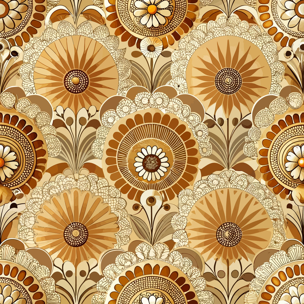 art deco, floral pattern, geometric flowers, brown, tan, cream, beige, orange, sunburst motifs, radiating petals, circular designs, ornamental, decorative, repeating pattern,, fabric panel, vintage style, stylized blooms, warm tones, retro florals