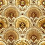 art deco, geometric florals, sunburst pattern, radiating design, golden yellow, warm brown, cream, beige, stylized flowers, circular motifs, vintage style, repeating pattern,, fabric panel, retro florals, ornate design, decorative circles, symmetrical pattern, 1920s inspired, geometric petals