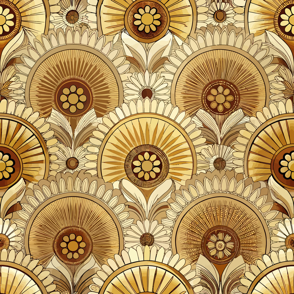 art deco, geometric florals, sunburst pattern, radiating design, golden yellow, warm brown, cream, beige, stylized flowers, circular motifs, vintage style, repeating pattern,, fabric panel, retro florals, ornate design, decorative circles, symmetrical pattern, 1920s inspired, geometric petals