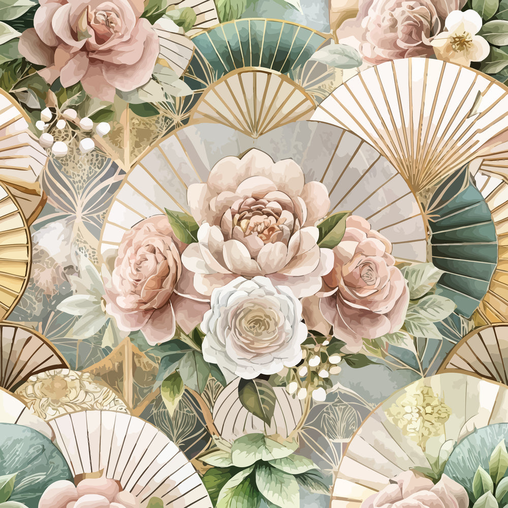 blush pink, sage green, cream, gold accents, art deco, geometric fans, floral bouquets, roses, peonies, vintage style, elegant pattern,, fabric panel, botanical design, soft pastels, romantic florals, decorative fans, layered blooms, sophisticated motifs