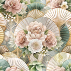 blush pink, sage green, cream, gold accents, art deco, geometric fans, floral bouquets, roses, peonies, vintage style, elegant pattern,, fabric panel, botanical design, soft pastels, romantic florals, decorative fans, layered blooms, sophisticated motifs